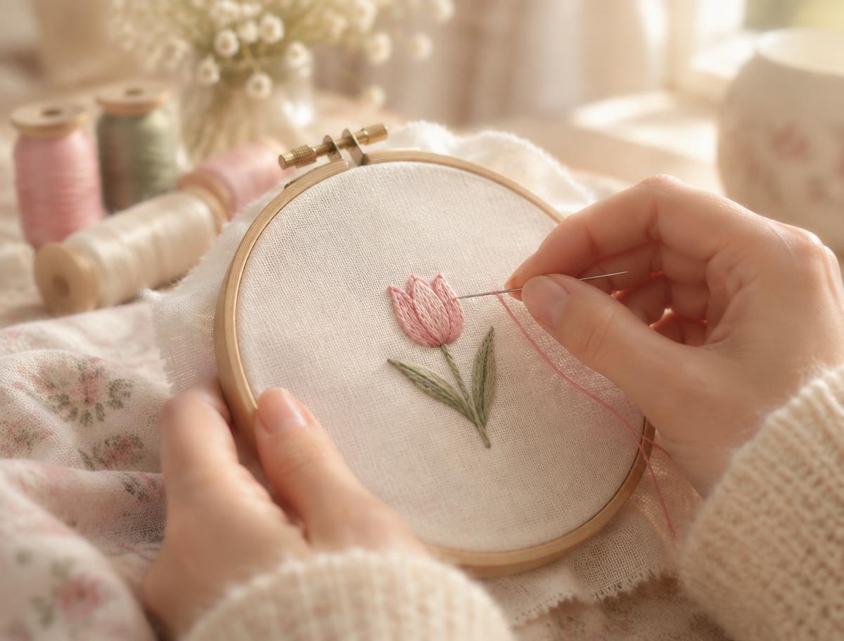 Hands embroidering a pink tulip on an embroidery hoop